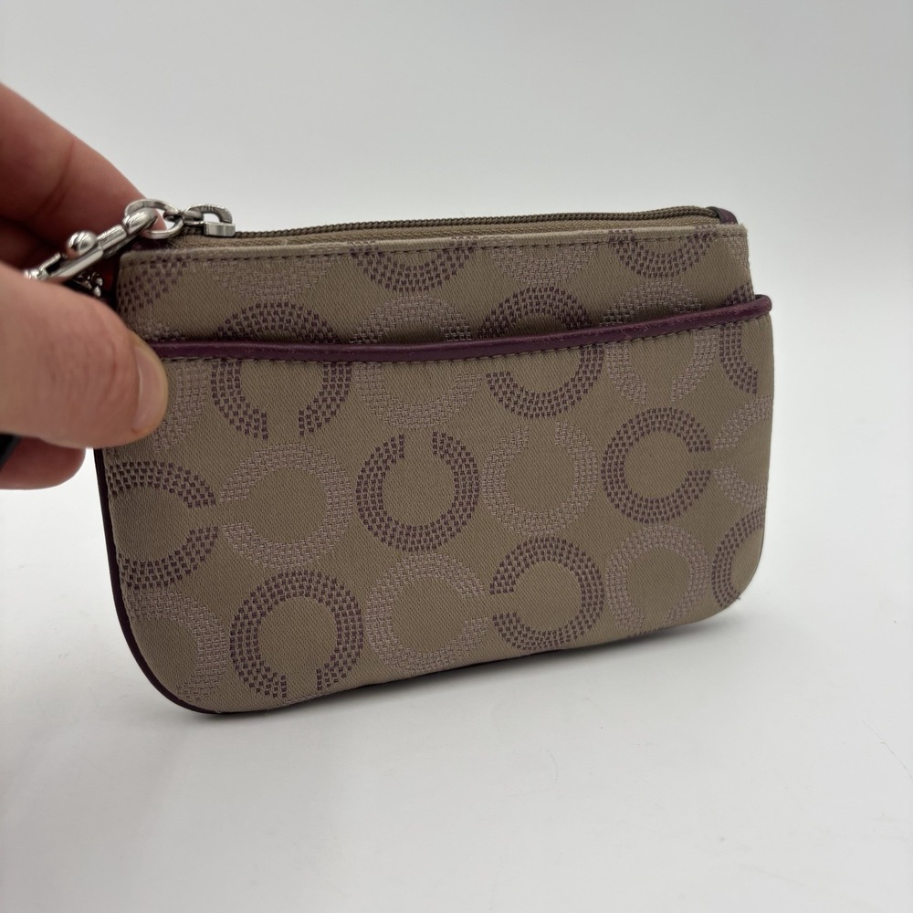 Authentic Coach Signature C Dot‎ OP Art Logo Khaki Tan Purple Wristlet Wallet
